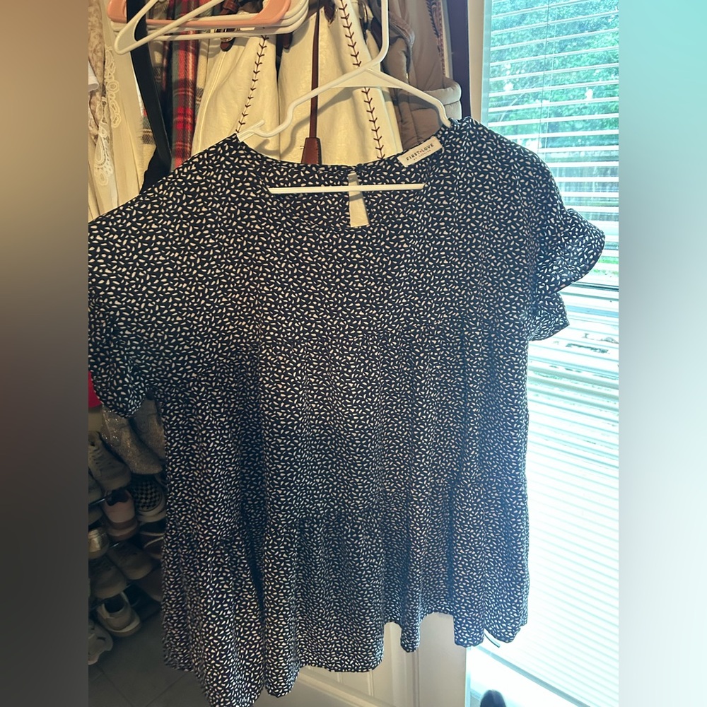 First Love Black & White Printed Peplum Short Sleeve Top